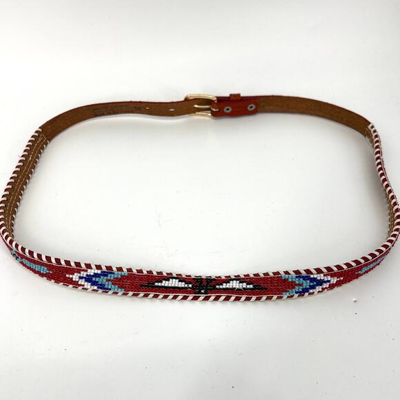 Vintage Hong Kong Native American Beaded Tooled Leather Belt Size 38 - Picture 7 of 7